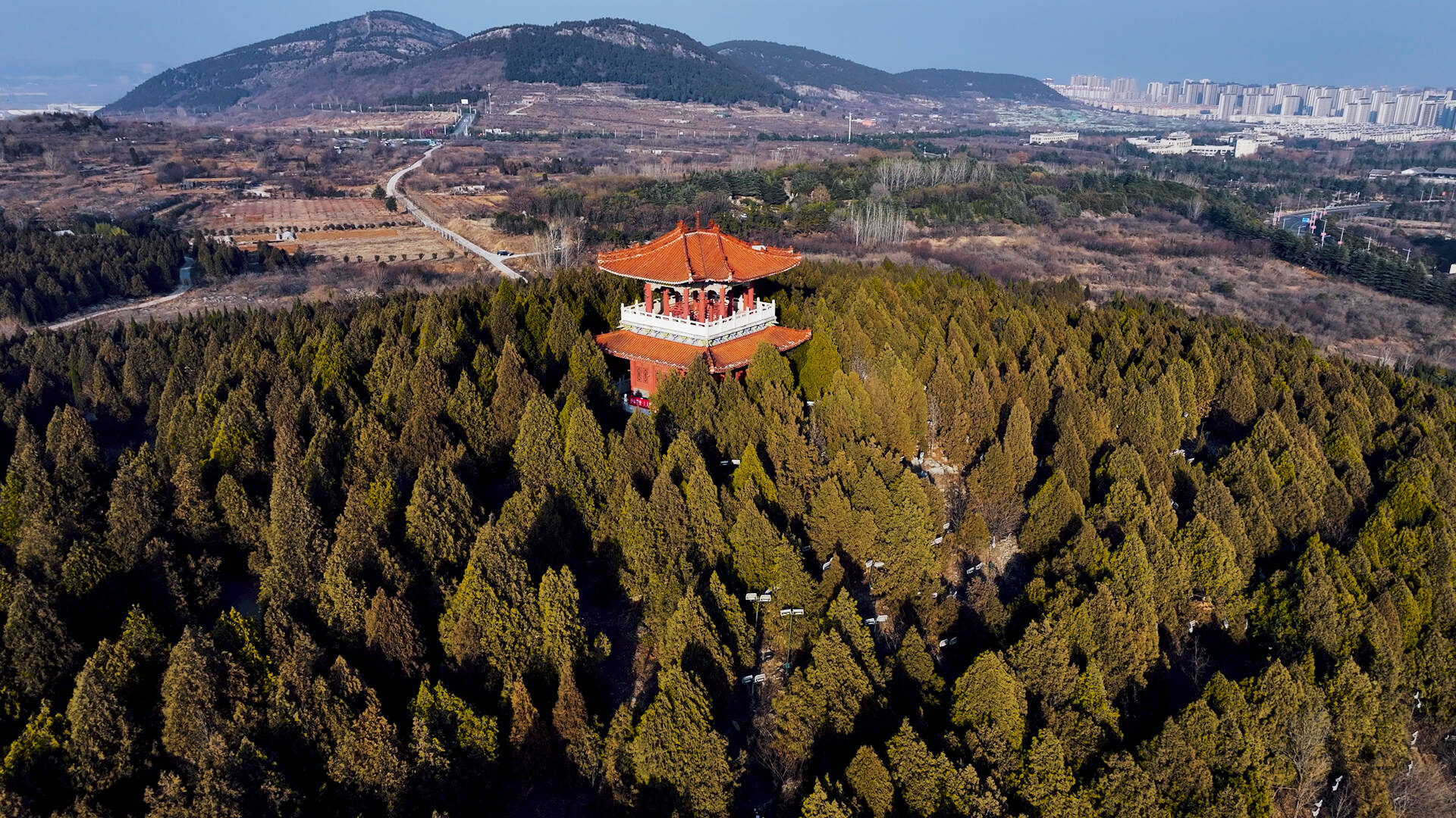 诗画山东丨枣庄龙吟阁开启“变装秀” 漫山松林穿上“新衣裳”