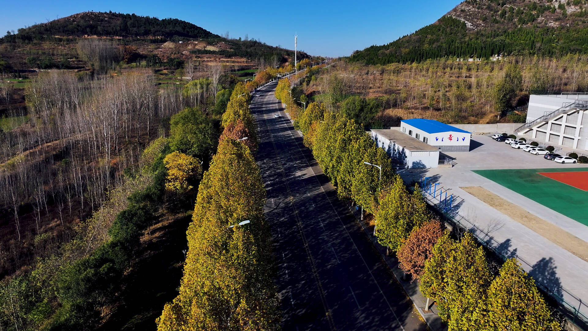 航拍枣庄榴园大道 浪漫冬色美景如画